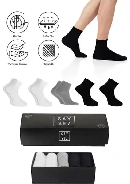Saysez Bambu Erkek Yarım Konç Dikişsiz Çoraplar Siyah-Beyaz-Gri Renk Seçenekleri