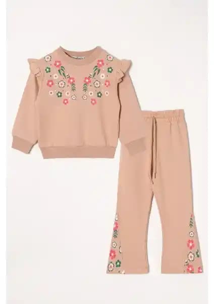 Zepkids Bisiklet Yaka Uzun Kollu Çiçek Nakışlı Vizon Kız Çocuk İkili Takım