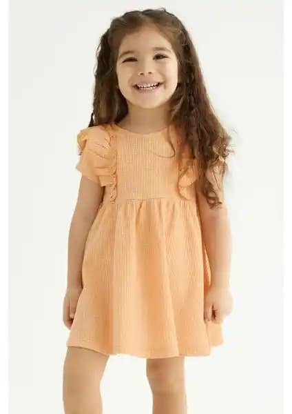 Zepkids Hardal Renk Bisiklet Yaka Fırfırlı Beli Büzgülü Kız Çocuk Elbisesi Rahat ve Şık