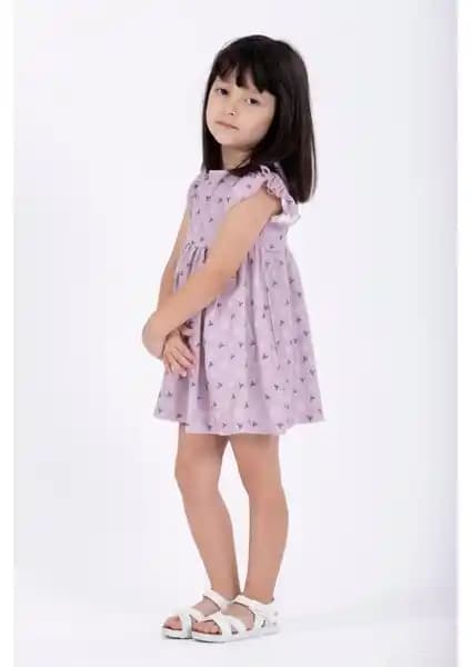 Zepkids Kız Çocuk Lila Puantiye Desenli Fırfırlı Kollu Midi Boy Elbise