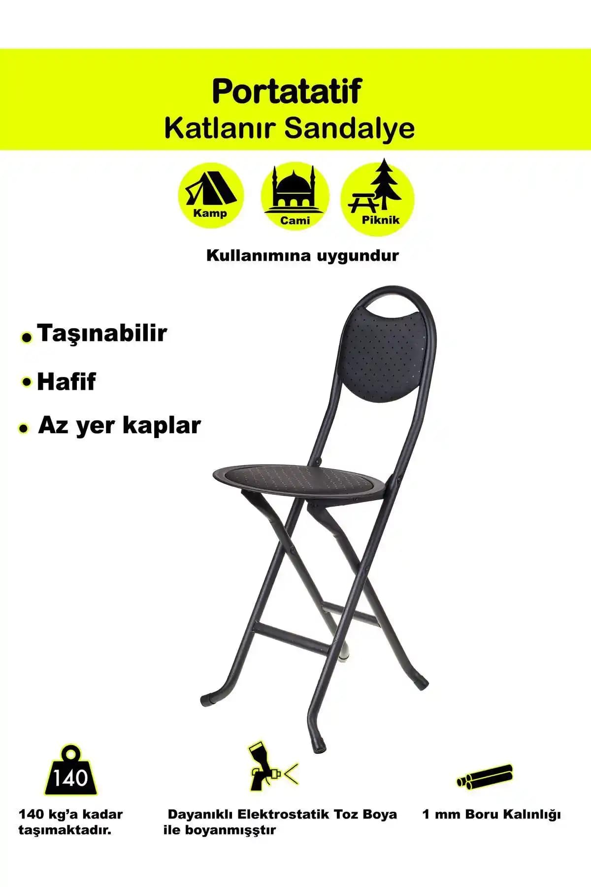 HASTUNÇ Siyah Katlanır Portatif Sandalye: Hafif ve Dayanıklı Dış Mekan Kullanımı İçin