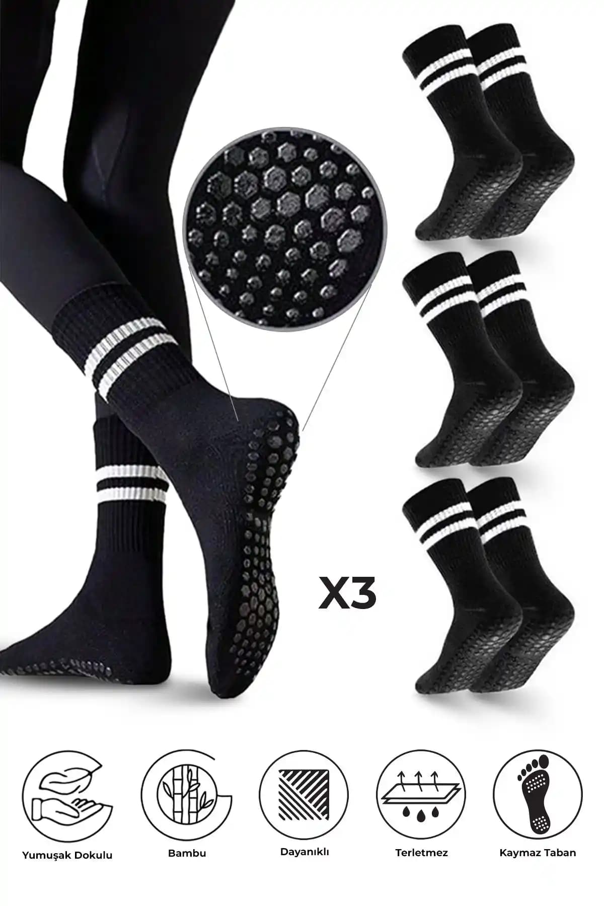 SAYSEZ Bambu Kadın Siyah Kaydırmaz Taban Silikon Baskı Çorapları 3'lü Paket Spor ve Yoga İçin